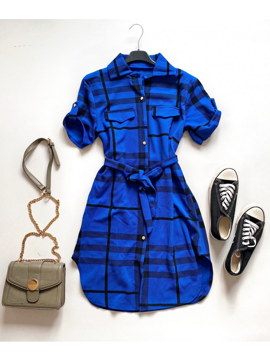 Rochie ieftina casual scurta stil camasa albastra si cordon in talie cu imprimeu dungi