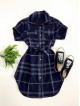 Rochie ieftina casual scurta stil camasa bleumarin si cordon in talie cu imprimeu dungi