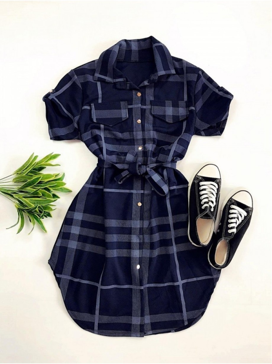 Rochie ieftina casual scurta stil camasa bleumarin si cordon in talie cu imprimeu dungi