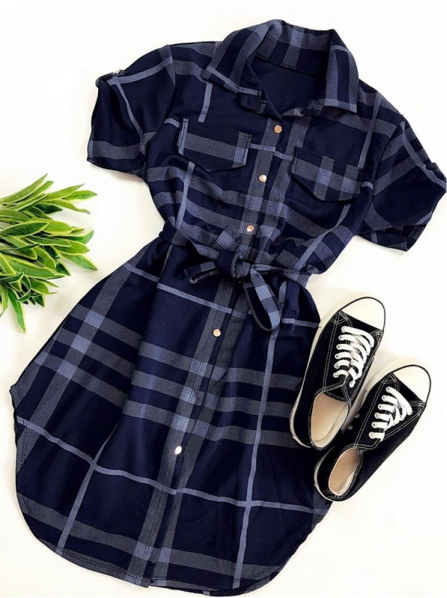 Rochie ieftina casual scurta stil camasa bleumarin si cordon in talie cu imprimeu dungi