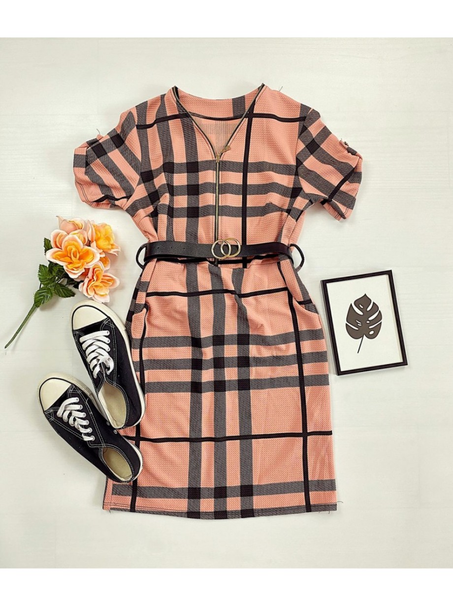  Rochie casual tip camasa roz scurta stramta in dungi + curea CADOU