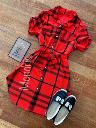 Rochie ieftina casual scurta stil camasa rosie si cordon in talie cu imprimeu dungi