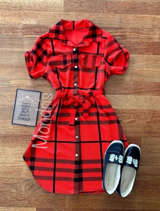 Rochie ieftina casual scurta stil camasa rosie si cordon in talie cu imprimeu dungi