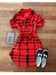 Rochie ieftina casual scurta stil camasa rosie si cordon in talie cu imprimeu dungi