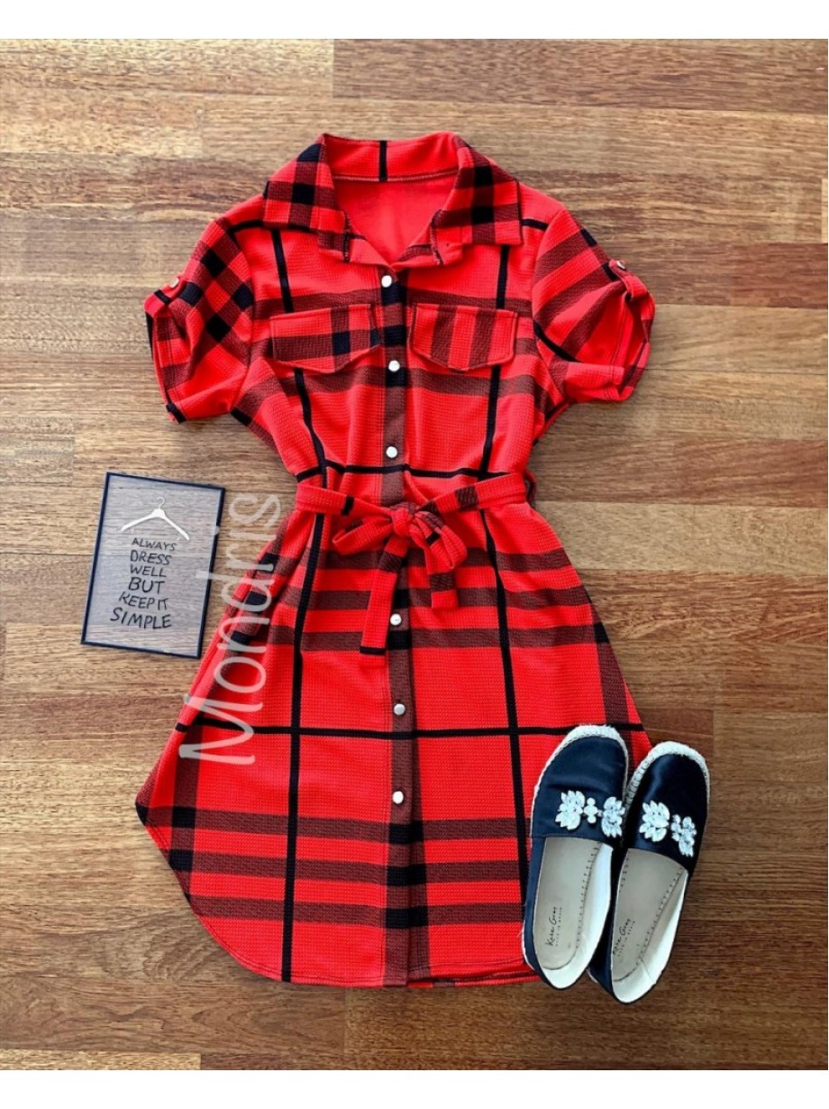 Rochie ieftina casual scurta stil camasa rosie si cordon in talie cu imprimeu dungi