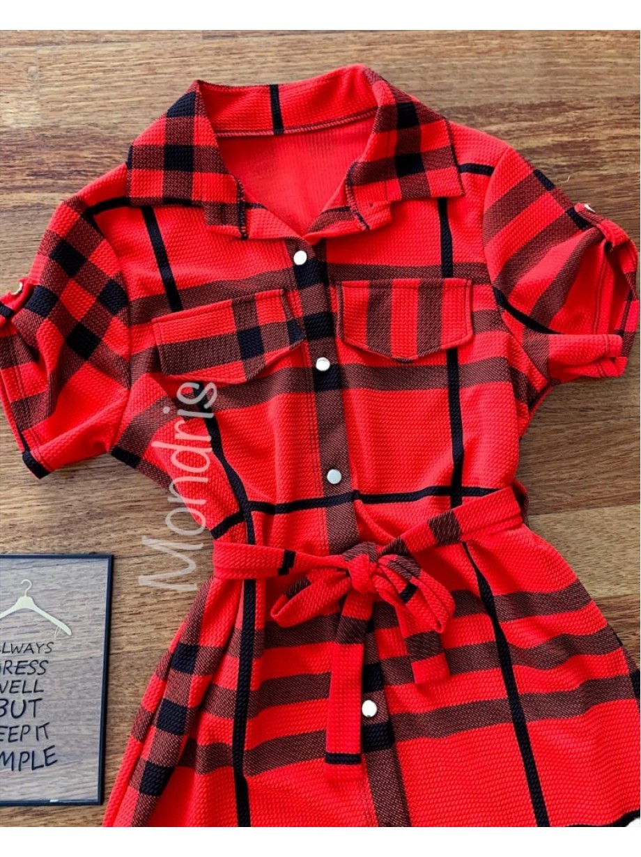 Rochie ieftina casual scurta stil camasa rosie si cordon in talie cu imprimeu dungi