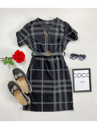  Rochie casual tip camasa neagra scurta stramta in dungi + curea CADOU