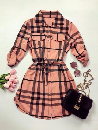 Rochie ieftina casual stil camasa lunga roz cu dungi si cordon in talie