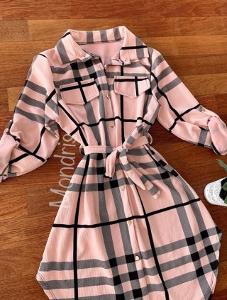 Rochie ieftina casual stil camasa lunga roz cu dungi si cordon in talie