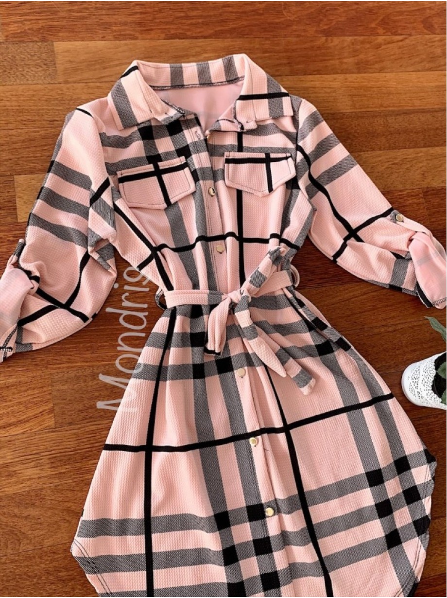 Rochie ieftina casual stil camasa lunga roz cu dungi si cordon in talie