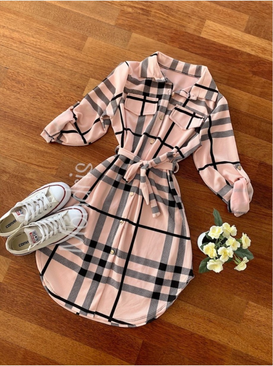 Rochie ieftina casual stil camasa lunga roz cu dungi si cordon in talie