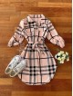 Rochie ieftina casual stil camasa lunga roz cu dungi si cordon in talie
