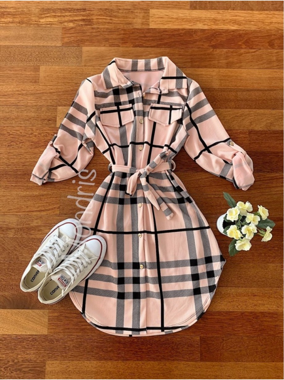 Rochie ieftina casual stil camasa lunga roz cu dungi si cordon in talie