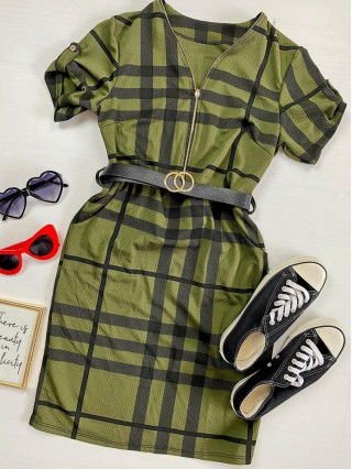  Rochie casual tip camasa khaki scurta stramta in dungi + curea CADOU