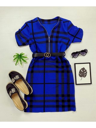  Rochie casual tip camasa albastra scurta stramta in dungi + curea CADOU