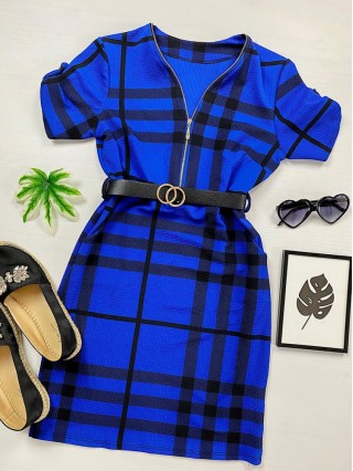  Rochie casual tip camasa albastra scurta stramta in dungi + curea CADOU