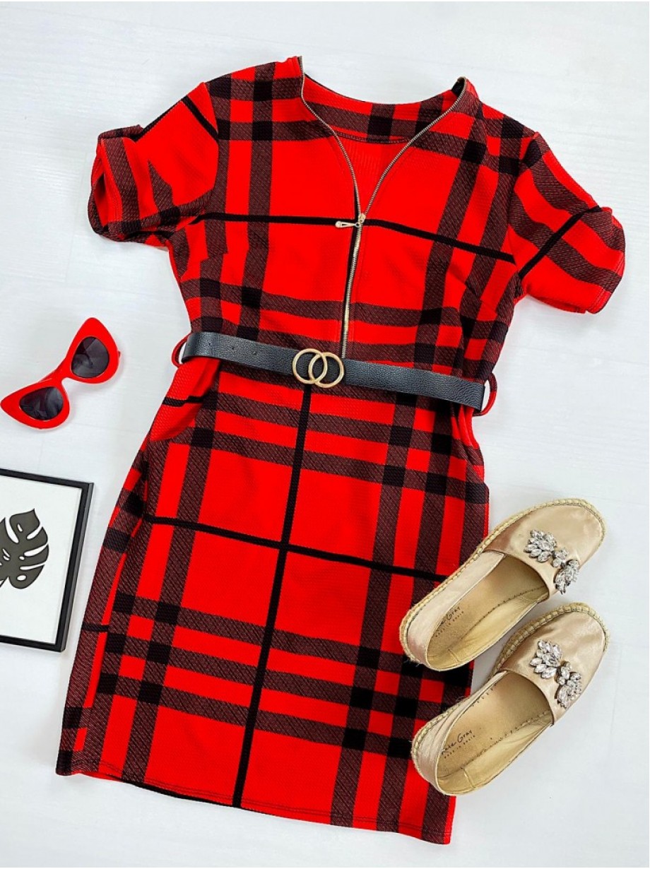  Rochie casual tip camasa rosie scurta stramta in dungi + curea CADOU