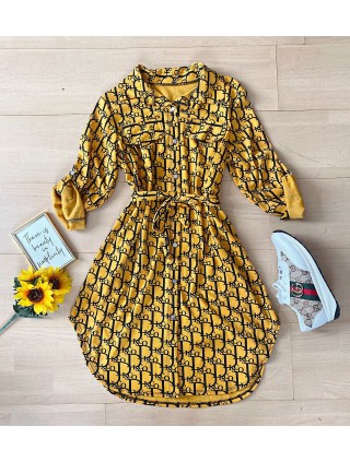  Rochie dama ieftina casual galbena tip camasa cu imprimeu Litere