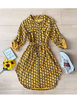  Rochie dama ieftina casual galbena tip camasa cu imprimeu Litere