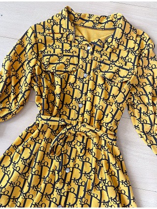  Rochie dama ieftina casual galbena tip camasa cu imprimeu Litere