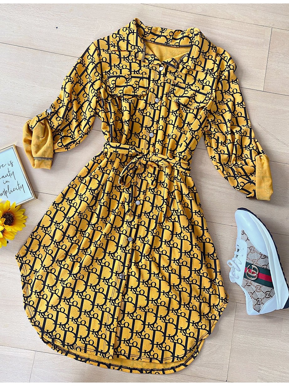 Rochie dama ieftina casual galbena tip camasa cu imprimeu Litere