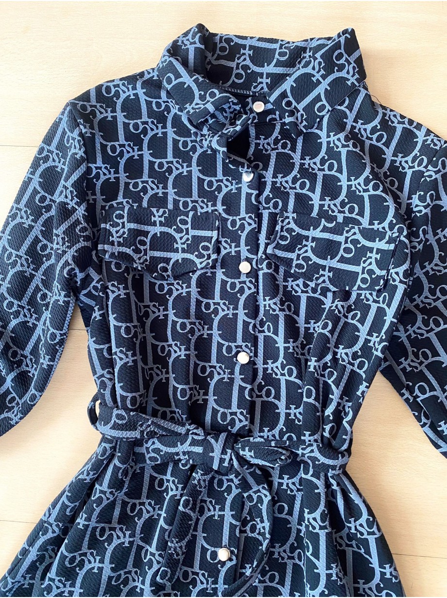  Rochie dama ieftina casual bleumarin tip camasa cu imprimeu Litere