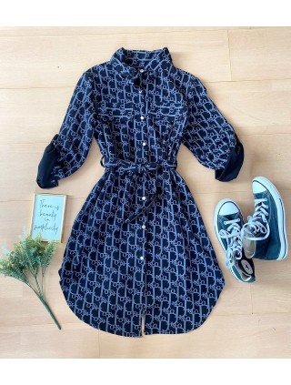  Rochie dama ieftina casual bleumarin tip camasa cu imprimeu Litere