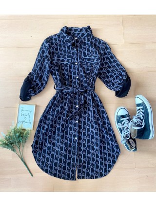  Rochie dama ieftina casual bleumarin tip camasa cu imprimeu Litere