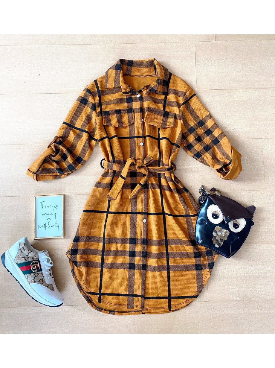 Rochie ieftina casual stil camasa lunga galbena cu dungi si cordon in talie