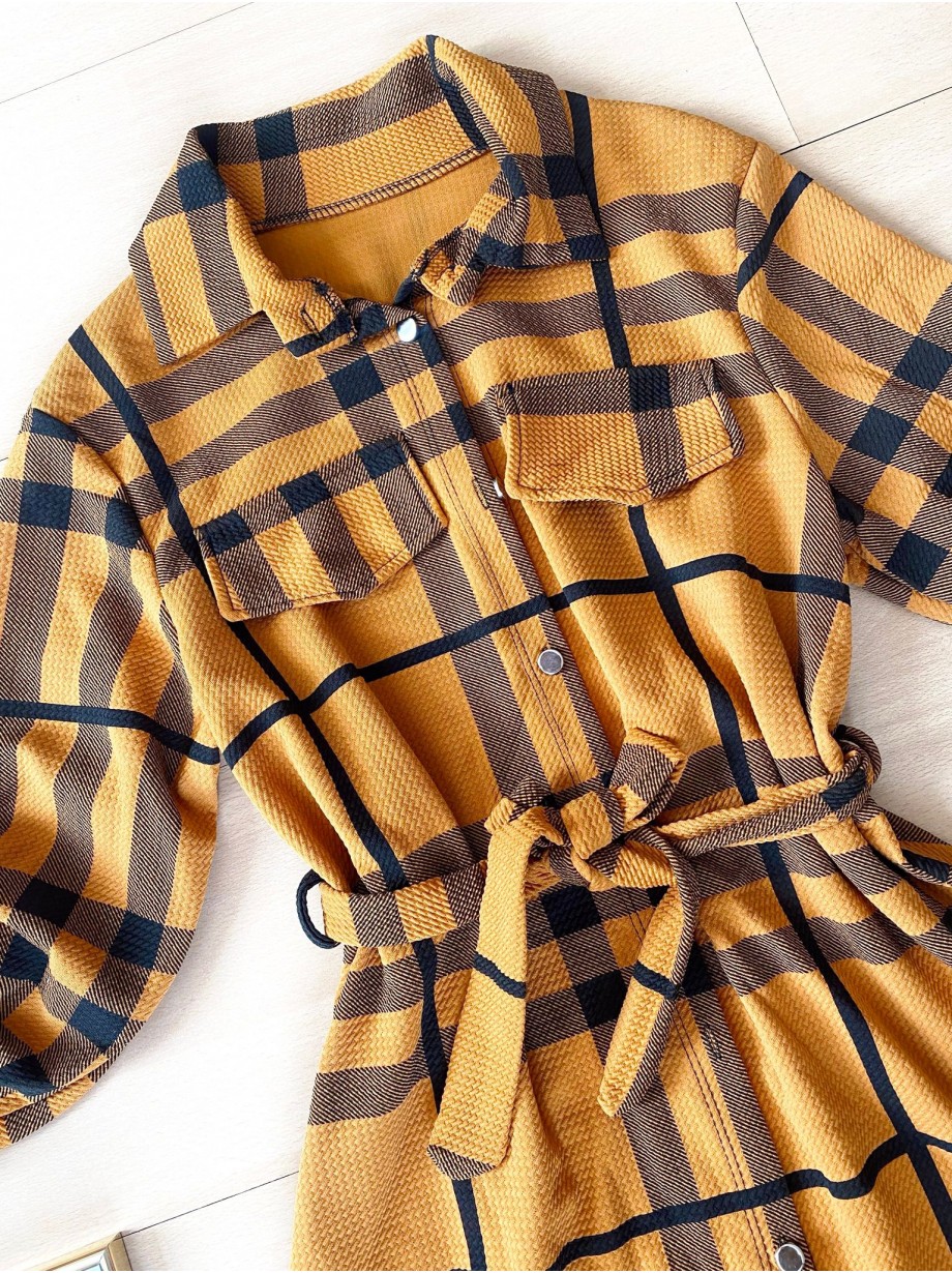 Rochie ieftina casual stil camasa lunga galbena cu dungi si cordon in talie