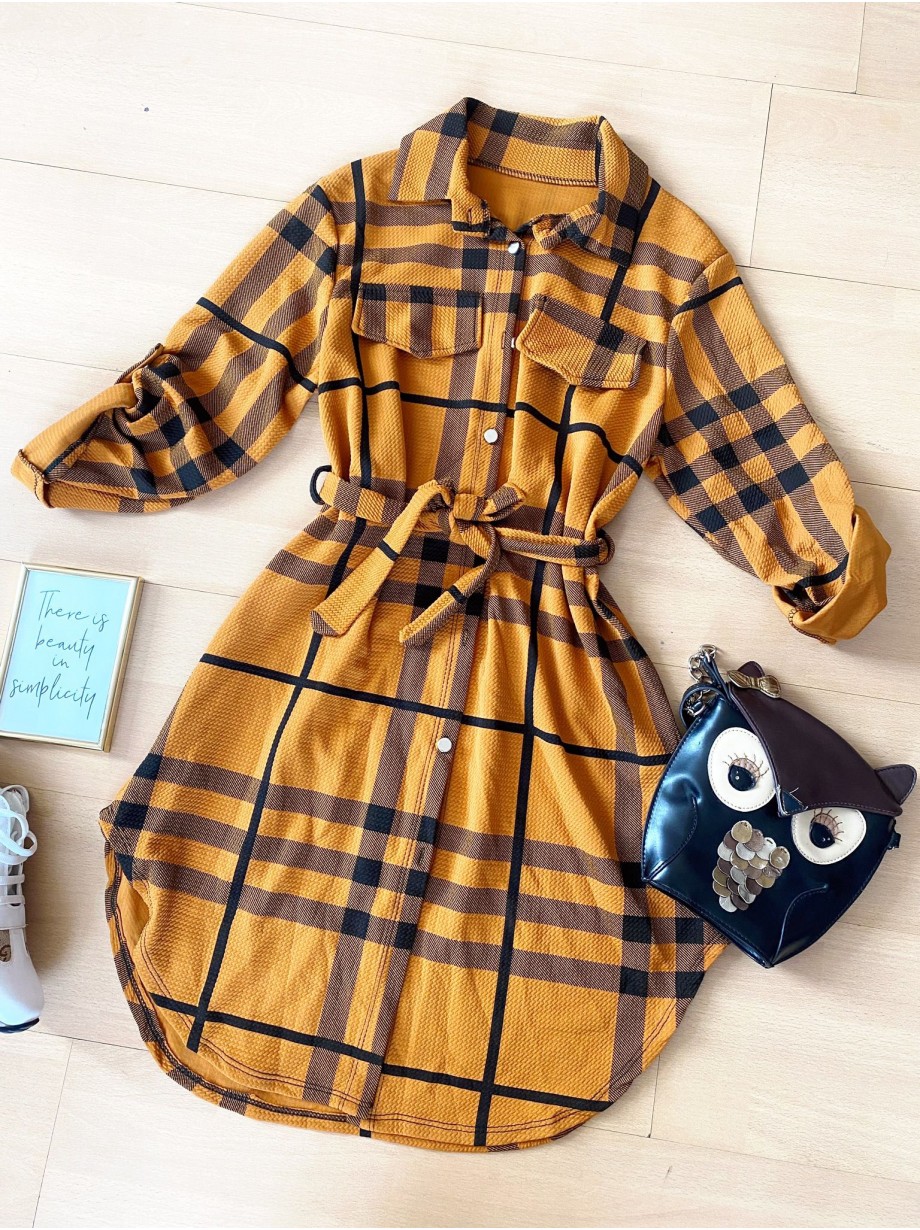 Rochie ieftina casual stil camasa lunga galbena cu dungi si cordon in talie