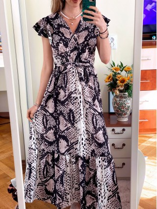 Rochie eleganta lunga alba cu imprimeu snake, volanase la maneci si cordon in talie