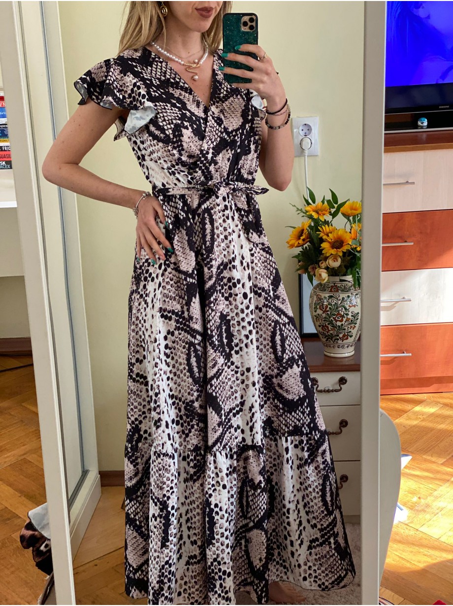 Rochie eleganta lunga alba cu imprimeu snake, volanase la maneci si cordon in talie