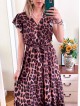 Rochie eleganta lunga maro cu imprimeu animal print, volanase la maneci si cordon in talie