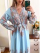 Rochie eleganta lunga bleo cu imprimeu floral auriu, maneci largi si cordon in talie