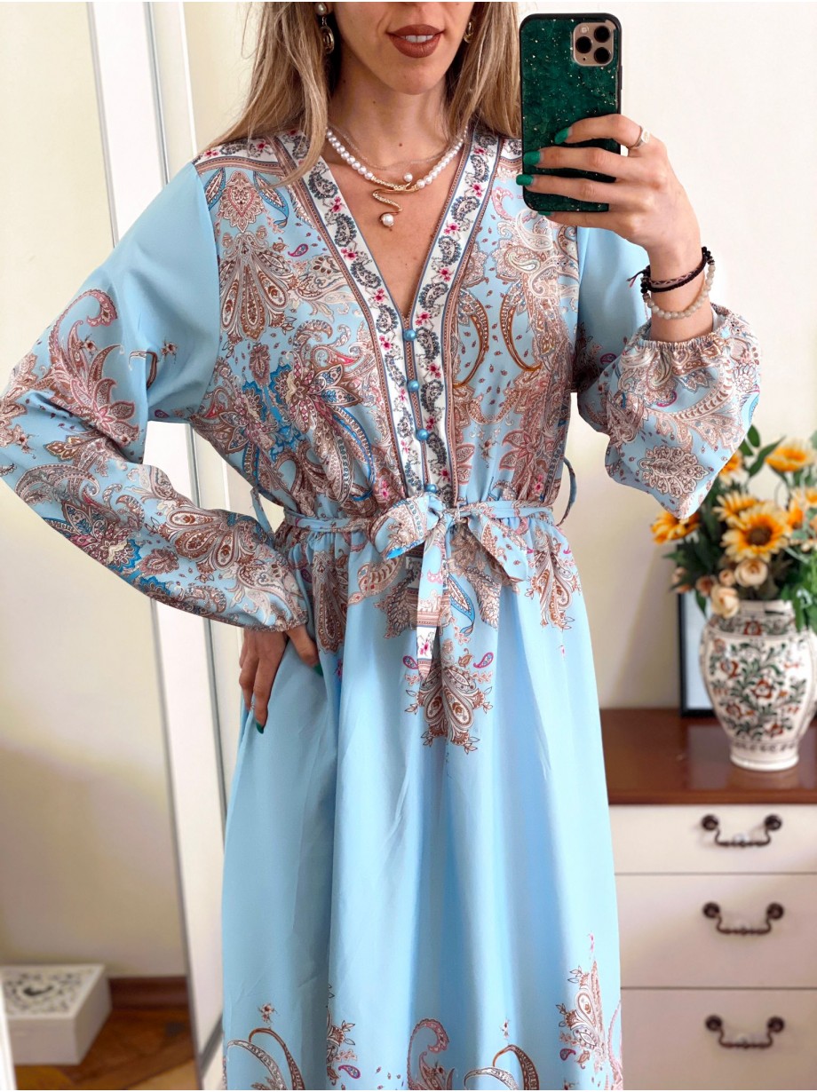Rochie eleganta lunga bleo cu imprimeu floral auriu, maneci largi si cordon in talie