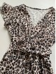 Rochie eleganta lunga crem cu imprimeu animal print, volanase la maneci si cordon in talie