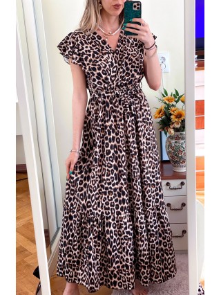 Rochie eleganta lunga neagra cu imprimeu animal print, volanase la maneci si cordon in talie