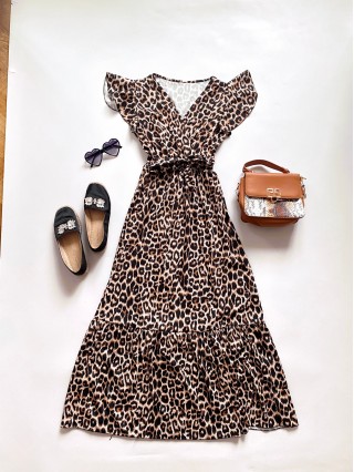 Rochie eleganta lunga neagra cu imprimeu animal print, volanase la maneci si cordon in talie