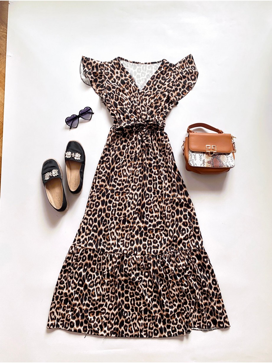 Rochie eleganta lunga neagra cu imprimeu animal print, volanase la maneci si cordon in talie