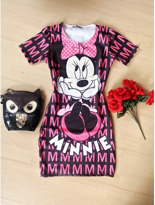 Rochie ieftina de zi casual neagra cu roz si cu imprimeu Minnie Dreamer