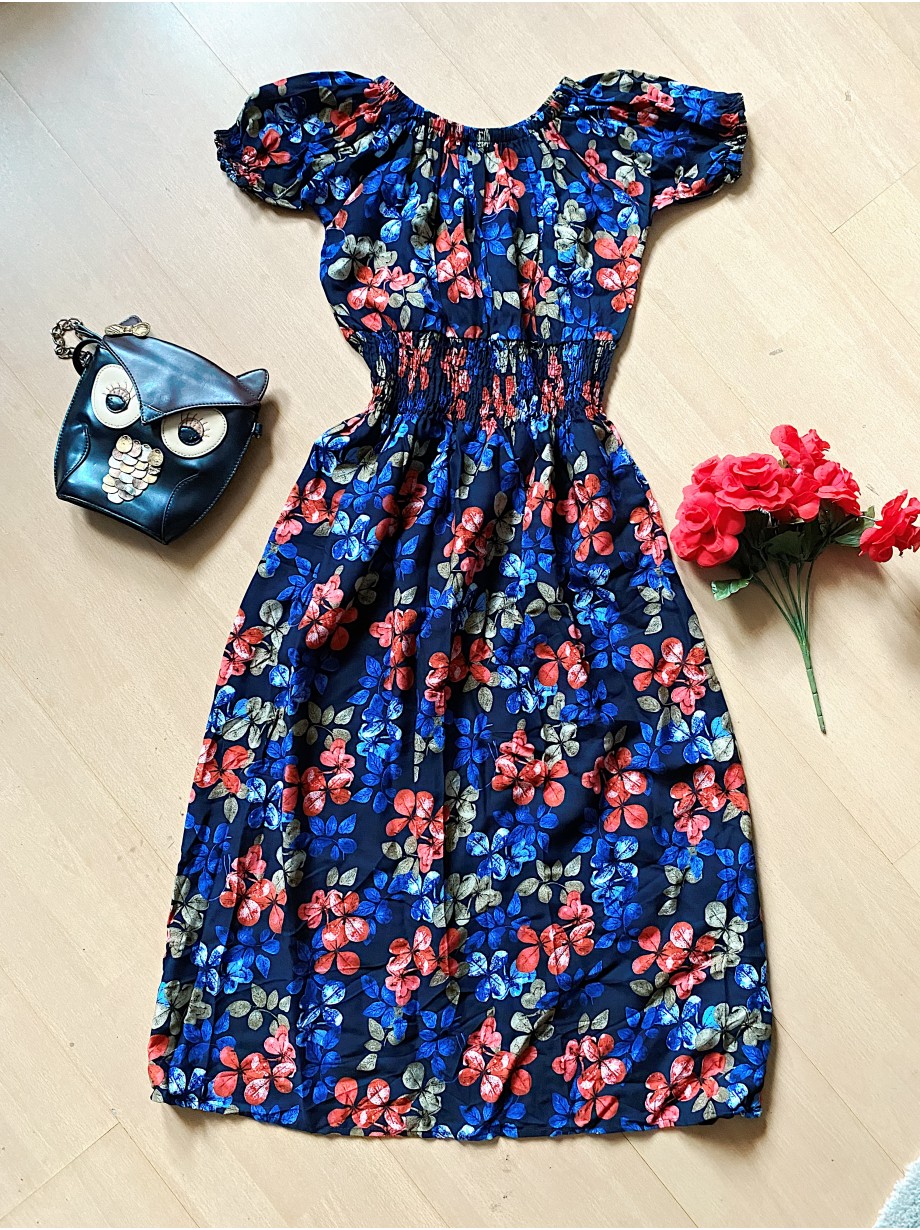 Rochie de vara midi albastra cu imprimeu colorat - Nuante de Senin