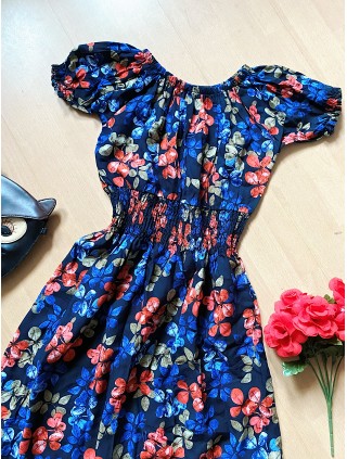Rochie de vara midi albastra cu imprimeu colorat - Nuante de Senin