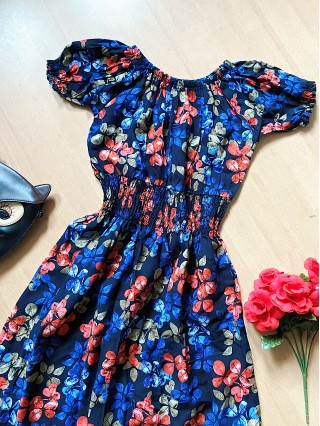 Rochie de vara midi albastra cu imprimeu colorat - Nuante de Senin