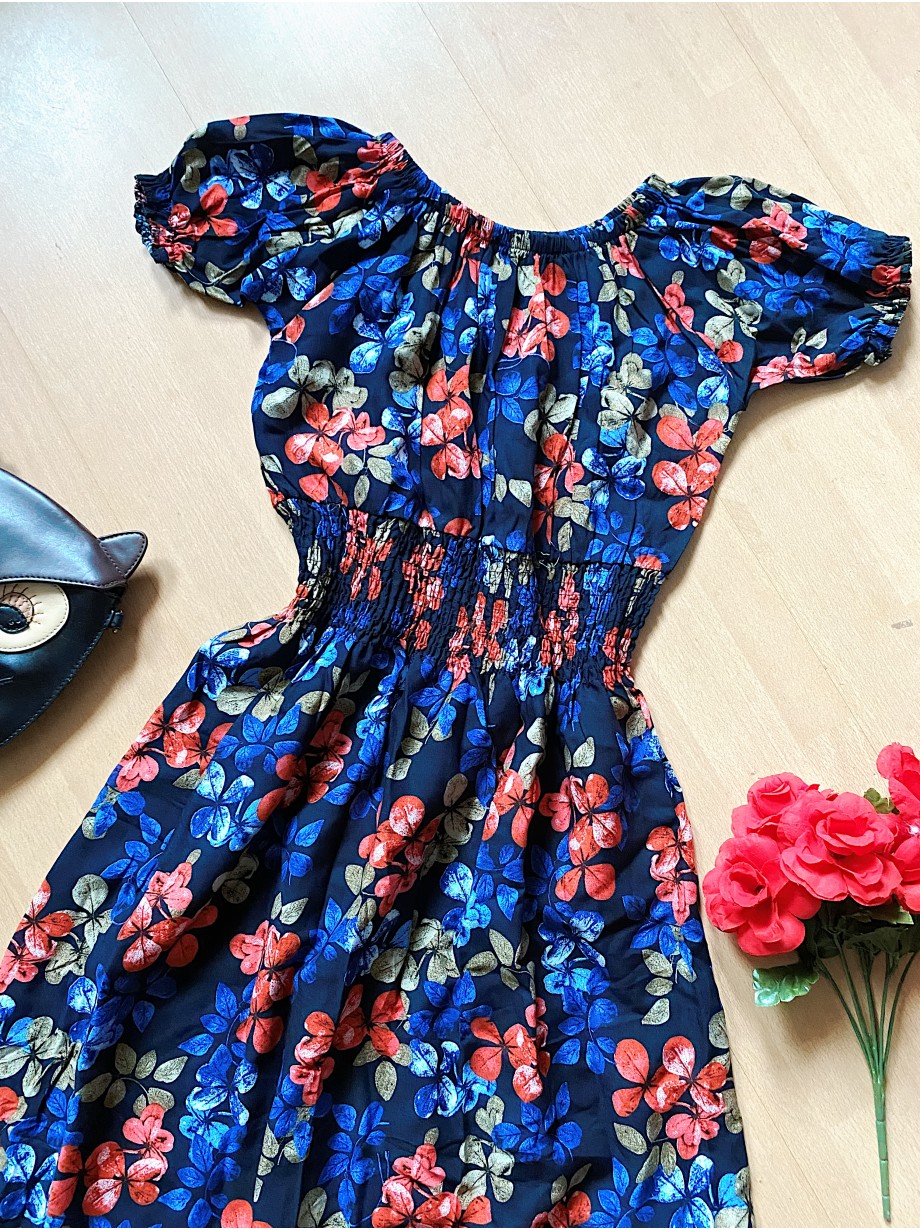 Rochie de vara midi albastra cu imprimeu colorat - Nuante de Senin