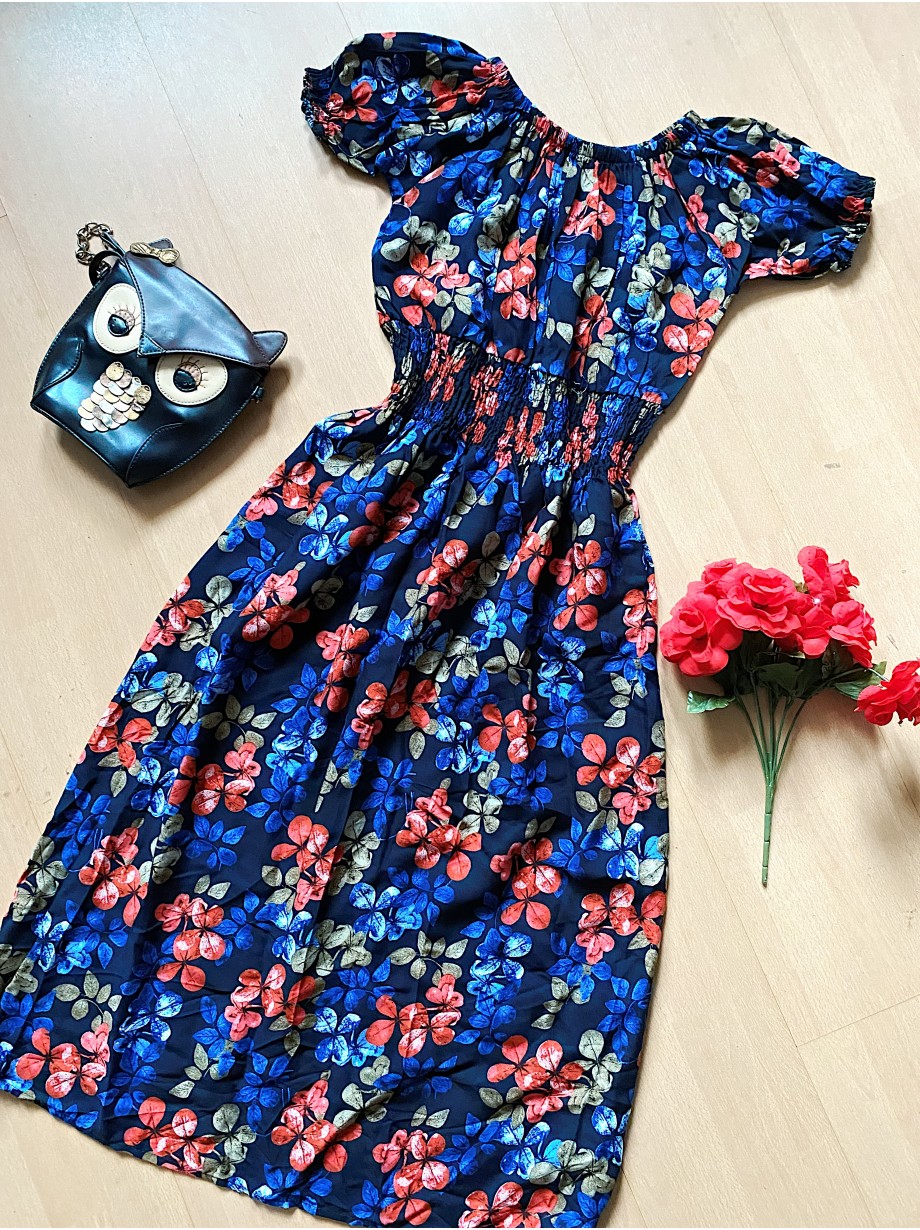 Rochie de vara midi albastra cu imprimeu colorat - Nuante de Senin