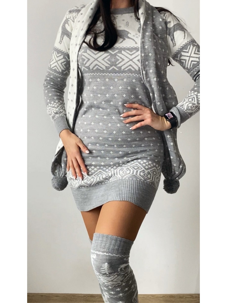 Compleu dama ieftin din tricot gri minunat compus din rochie, caciula,fular si jambiere Craciun FULAR