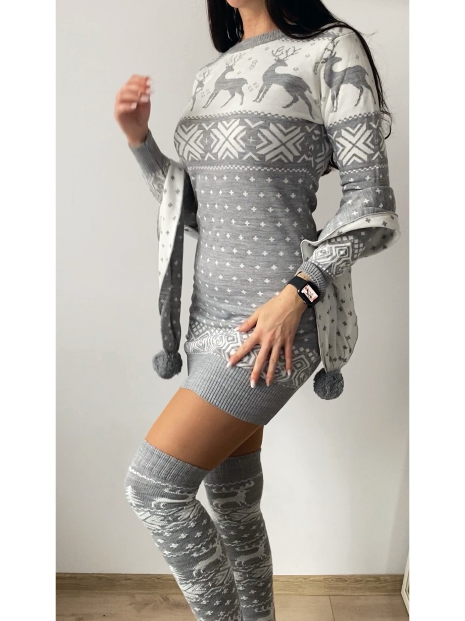 Compleu dama ieftin din tricot gri minunat compus din rochie, caciula,fular si jambiere Craciun FULAR