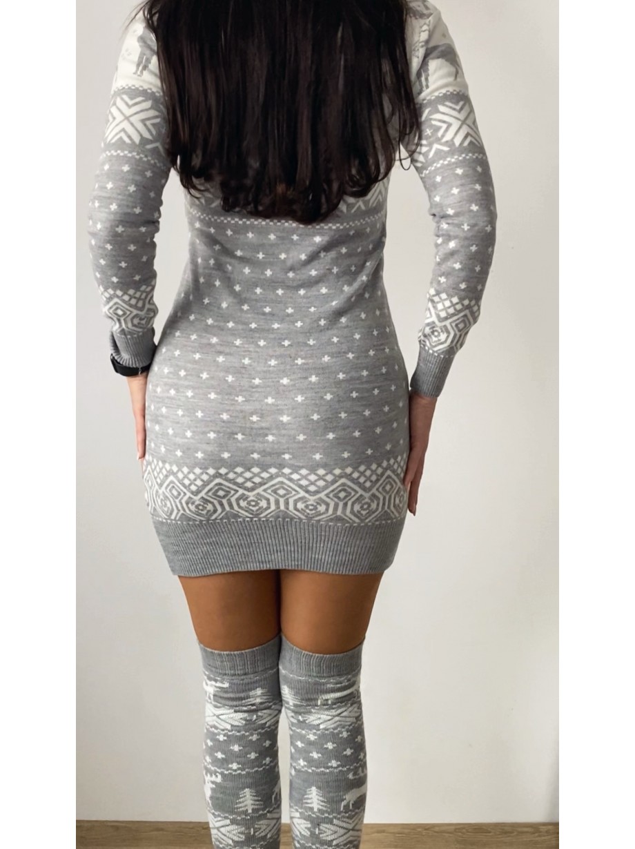 Compleu dama ieftin din tricot gri minunat compus din rochie, caciula,fular si jambiere Craciun FULAR