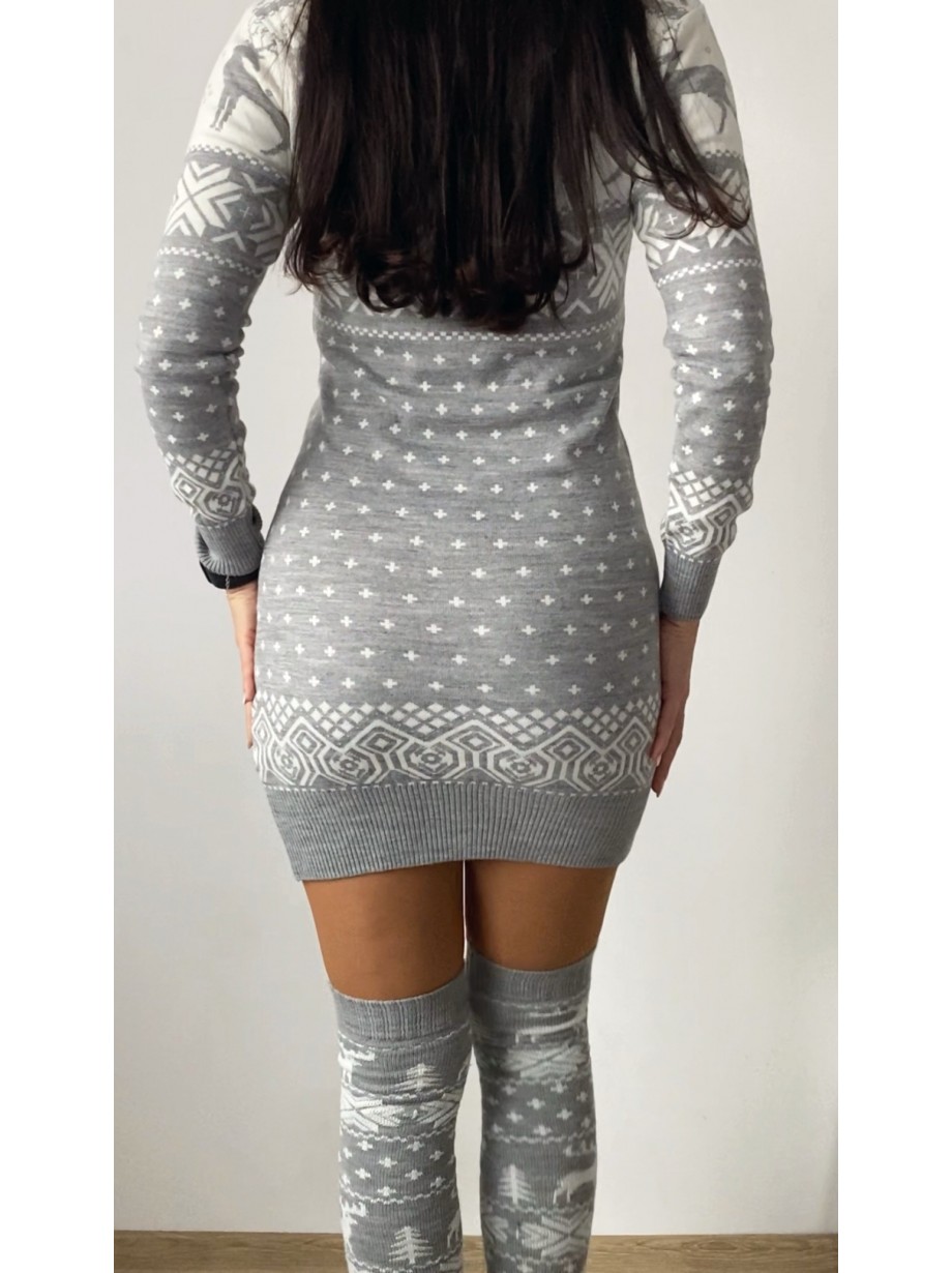 Compleu dama ieftin din tricot gri minunat compus din rochie, caciula,fular si jambiere Craciun FULAR